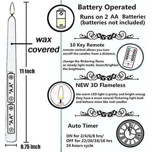 NONNO & ZGF 10 Pack Purple Flameless 11'' Wax Covered Taper Candles with 2 Remote, Use 2-AA Battery (Not Included, Runs 200 Hours) - color: Purple