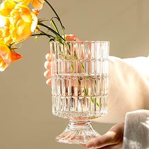 BLOFLO Embossed Glass Vase, 7'' Crystal Glass Vases, Pedestal Big Base Glass Bouquet Vase, Hydroponic Glass Transparent Vase for Home Office Wedding Dining Table Party (Ribbed Pattern) - color: Ribbed Pattern