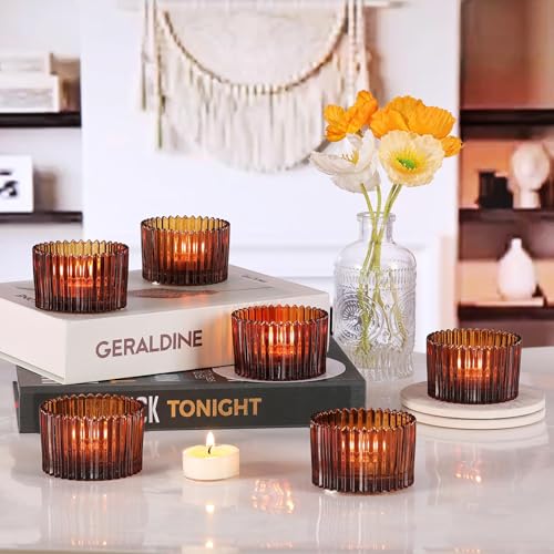 HAVITI 24 Pcs Large Tea Light Holders, Amber Glass Candle Holders, Votive Candle Holders for Table Centerpiece Wedding Table Decor - color: Amber