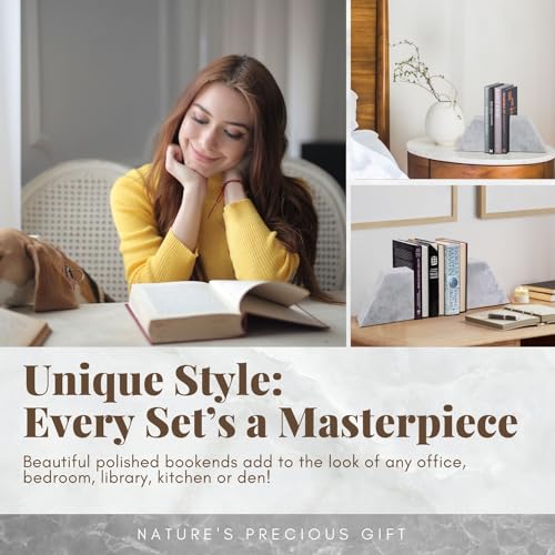 Flexzion Book Ends for Heavy Books - White Marble Bookends Decorative for Shelves, Weighted Modern Stone Marble Bookends Stopper with Non-Skid Bottom for Desk, Shelves, Kitchen and Office (Set of 2)