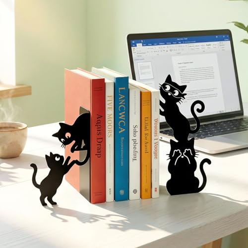 Sanwarm Metal Bookends Cat Black Funny Book Ends Decorative Bookend for Home Office Library Desk Book Shelves Decor, Gift for Reading Enthusiasts Non-Skid Book Stoppers Holder (1 Pair) - color: Black Cat 1