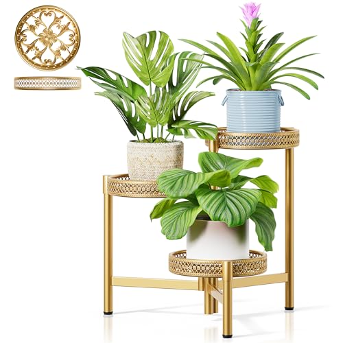 Metal Plant Stand Indoor Outdoor, 3 Tier Corner Plant Shelf for Multiple Plants, Gold Tiered Plant Stand, Heavy Duty Flower Holder, Folding Tall Rack for Garden Patio Balcony - GoldWave - color: GoldWave, size: 3-Tiers