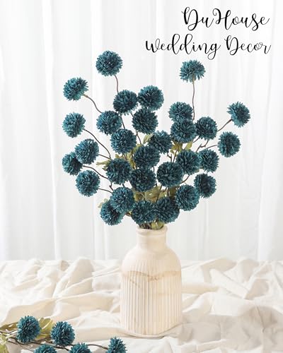 DuHouse 6pcs Artificial Flowers Faux Silk Pompon Mum,Silk Small Mini Chrysanthemum Ball with Stems for DIY Bouquets Centerpieces Vase Home Table Kitchen Decorations(Peacock Blue) - color: Peacock Blue, size: 6pcs