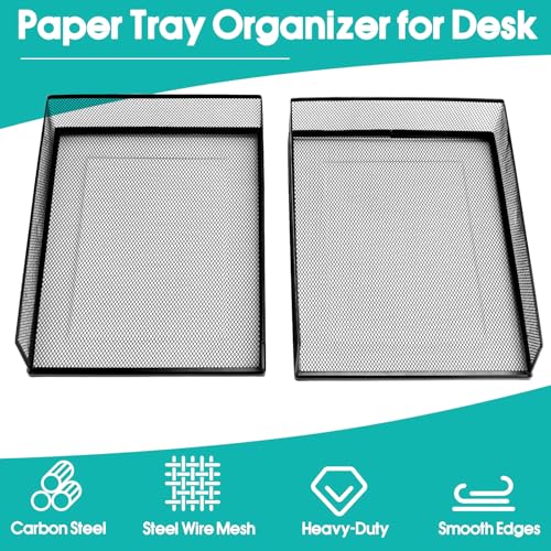 Wire Mesh Letter Trays Paper Tray Desk File Organizer, 2 Pack Stackable Metal Front-Load Documents Tray for Office Supplies File (Lengthways)