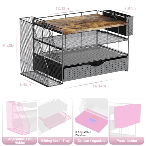 gianotter Wood Desk Organizers and Accessories with File Holder, 4-Tier Desk Accessories & Workspace Organizers with Drawer and Pen Holder, Desk Reference Organizer (Wood) - color: Wood