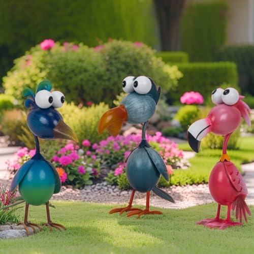 Kircust Outdoor Metal Bird Yard, Garden Decor for Outside Flamingo/Peacock/Pelican Decorations Art Statues, Lawn Ornaments for Courtyard, Patio, Backyard, Porch, Set of 3 - color: Pink-blue-grey Blue