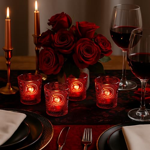 6 Pack Sun Moon Star Embossed Glass Tea Light Candle Holders - Votive Candle Holders for Wedding, Party, Home Decor, and Table Centerpieces (Ruby Red) - color: Ruby Red