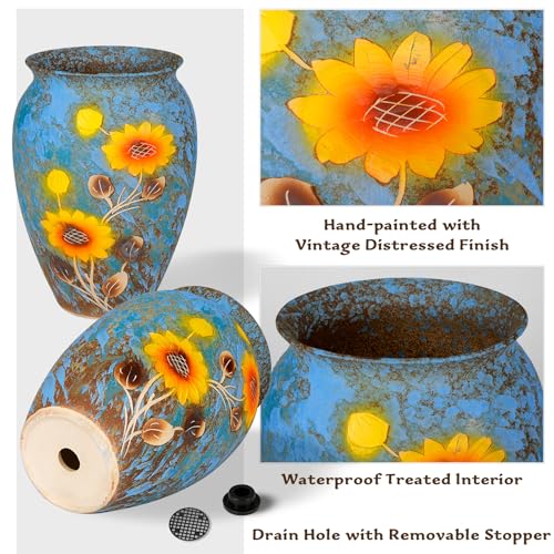 12 Inch Ceramic Flower Vase with Drainage Hole, Decorative Vase for Indoor & Outdoor Use, Available in Blue & Rust Color, Includes Rubber Stopper & Mesh Pad - color: Blue-sunflower