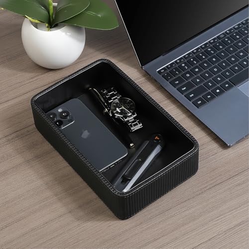 PU Leather Valet Tray Organizer, Small Nightstand Organizer Bedside Desktop Storage for Womens and Men, Perfume Trinket Catchall Vanity Tray for Key Watch Wallet (Black, Rectangular) - color: Black