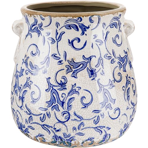 Ceramic Scroll Planter 6.5 Inch Chinoiserie Floral Vase with Drainage Holes Vintage Flower Vase Flower Pot Rustic Ceramic Pots for Indoor Plants Garden Home Bookshelf Decor (Retro Blue) - style: Retro