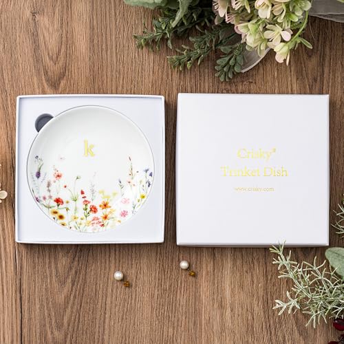 Crisky Initial Jewelry Tray Ring Dish & Gift Box, Ceramic Flower Trinket Dish for Rings Earrings Necklaces Keys, Bridal Shower Engagement Birthday Gift for Women, Friends 4.57" (Gold Foil K - style: Initial K
