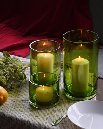 ARIAMOTION Hurricane Candle Holders Set 3, Spring Green Glass with Seeded Bubbles, Pillar Candle Holders Bulk,Cylinder Vase Centerpieces 10" 7" 4" Height