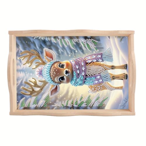 DIY Diamond Art Tray Wooden Pallet kits, Scarf Hat Pretty Deer 5D Cartoon Handle Craft Painting kit, suitable for home, party, bar, Christmas, also can be used as a gift for relatives and friends - color: Fawn