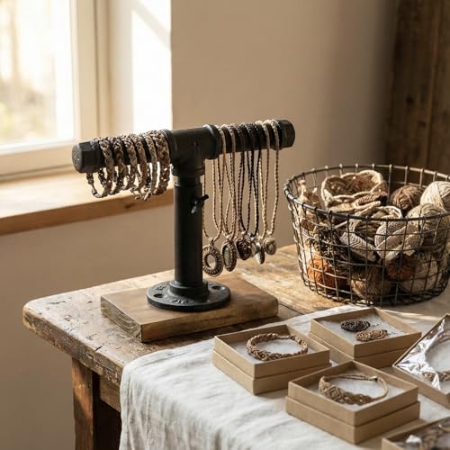 MyGift Industrial Pipe Black Metal T-Bar Jewelry Bracelet & Necklace Adjustable Height Display Stand with Brown Wood Base - color: Black / Brown