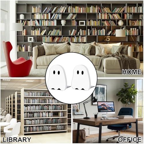 JarThenaAMCS 2Pcs Halloween Wood Bookends White Ghost Shape Wooden Book Stands Cute Ghost Non Skid Book Stoppers for Heavy Books Home School Office Library