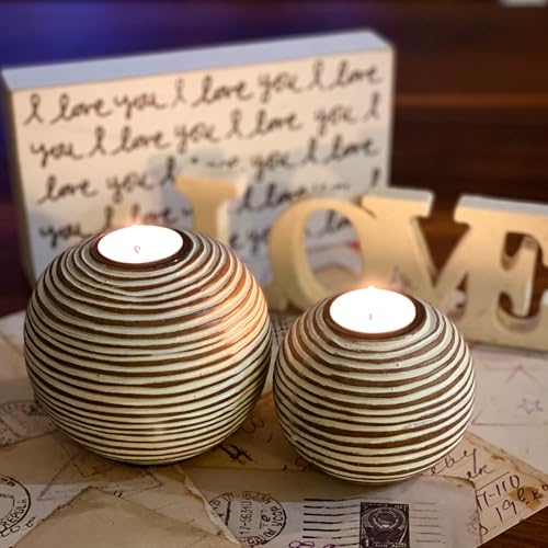 Tuva Orb Candle Holders (Gift Boxed Set of 2), Table Centerpieces for Dining or Living Room, Spa, Bathroom, Kitchen Counter, Mantle or Coffee Table Decor (Light Brown and White) - color: Light Brown and White