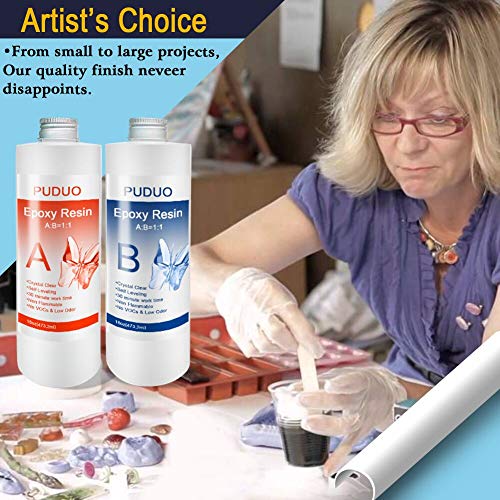 Epoxy Resin Casting and Coating Kit for Art, Jewelry, Crafts - 32 Oz | Bonus 4 pcs Graduated Cups, 3pcs Sticks, 1 Pair Rubber Gloves by Puduo - size: 32OZ