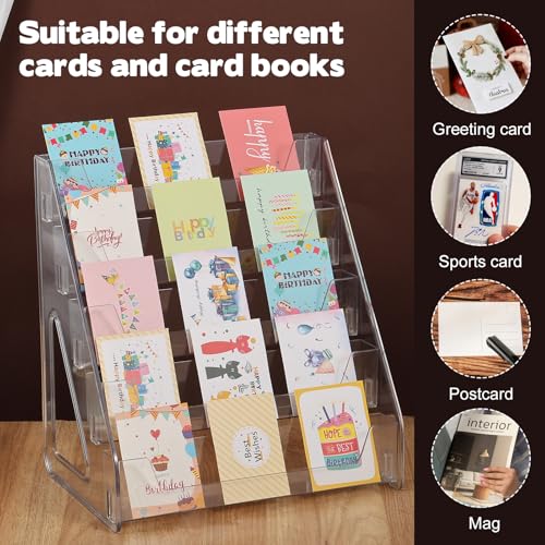 5 Tier Acrylic Card Display Stand(Tall Height), Clear Display Shelf Desktop for Trading Cards, Sports Cards, Greeting Card, Stickers & Brochures, Easy Clip-On Design - color: Clear