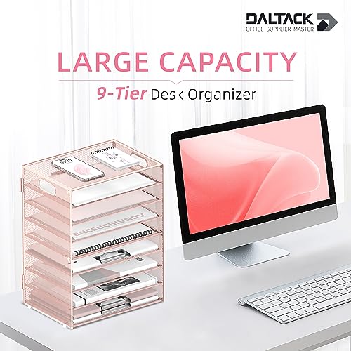 DALTACK 9-Tier Paper Organizer for Desk, Mesh Letter Tray Desk Organizer with Handles, Space-Saving File Organizer for Office Home School, Pink - color: Desk Organizer Pink