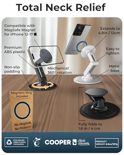 COOPER Mag360, Desktop MagSafe Stand for iPhone 17 Pro Max (16/15/14/13/12), Magnetic Phone Holder for Desk, 360° Rotating, Height Adjustable, Magnetic Phone Stand for Desk, with Metal Ring (White) - color: Cream White