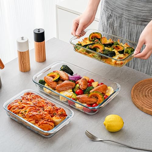 3 Pack High Borosilicate Glass Baking Dishes for Oven,(2.3QT,1.6qt,1.0QT),Rectangular Bakeware Sets,Deep Glass Casserole Dishes with Handle for Microwave,Oven,Baking,Meal Preparation