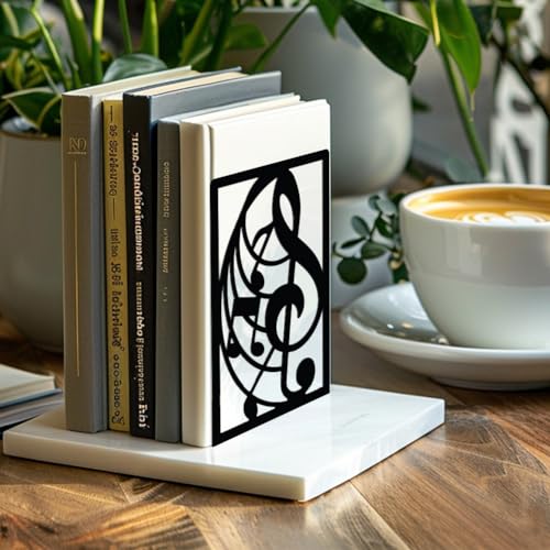Peacoblue Metal Bookends for Shelves, Modern Decorative Heavy Duty Study Book Support Stoppers for Desk, Shelf, Room 5.3"x4.3"x7.9" Cast Iron Simple Tall Bookends to Hold Books, 1 Pair (Musical Note) - color: Musical Note
