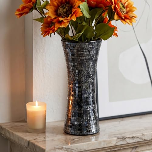 Cididu Mosaic Flower Vase, 11.6 inch Glass Black Vases for Centerpieces, Handmade Modern Decorative Tall Vase, Glitter Mosaic Vases for Home Decor Wedding Flower Arrangeme Birthday