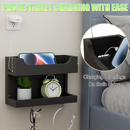 NiHome Wall Mounted Wooden Bedside Accessories Organizer, Double Tray Bedside Storage Shelf Rack with Magnetic Hooks, Bedroom Dorm RV Wall Caddy Holder for Phone Glasses Alarm Clock Remote (Black) - color: Black, size: Small