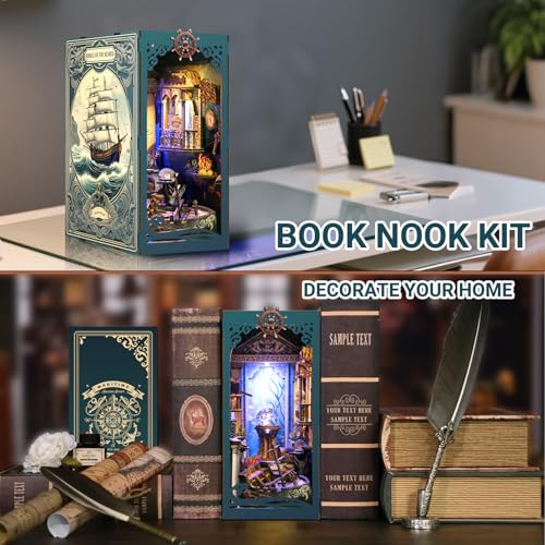 Book Nook Kit with Dust Cover & Stickers, Dust Cover, Bookshelf Insert Decor for Birthday, 3D Wooden Bookends Puzzle, Miniature Dollhouse Kit for Adults, Teens, Beginners（Mysterious Underwater） - style: Mysterious Underwater