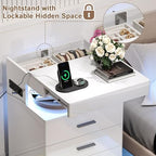 Treocho Led Nightstand with Hidden Space, Modern Night Stand with Charging Station, 3 Drawer Smart Nightstand with Glossy Finish, Tall Bedside Table with RGB Lights for Bedroom, White - color: White