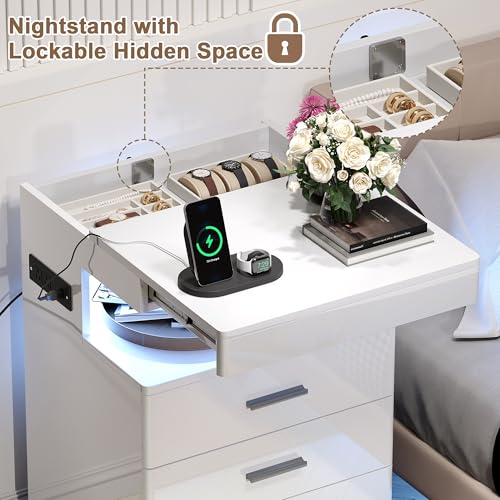 Treocho Led Nightstand with Hidden Space, Modern Night Stand with Charging Station, 3 Drawer Smart Nightstand with Glossy Finish, Tall Bedside Table with RGB Lights for Bedroom, White - color: White