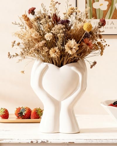 A Heart Held in Two Hands White Vases for Flowers - Cute Modern Small Ceramic Flower Vase for Pampas Grass - Decorative Table Vase for Coffee or Dining Table Centerpiece, Shelf - Gift for Mom (White) - color: White