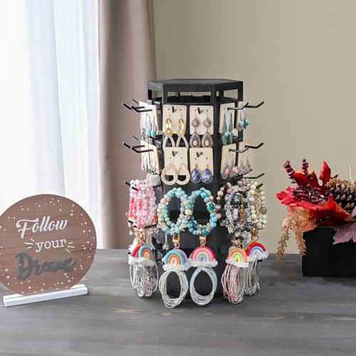Ikee Design Free Assembly Natural Wood Hexagon 6 Sided Rotating Jewelry Display Stand Tower,60 Removable Metal Hooks,Keychain Earring Display Stand Tower for Selling,Showcase,Black Color - color: 6 side, Black, 60 hooks