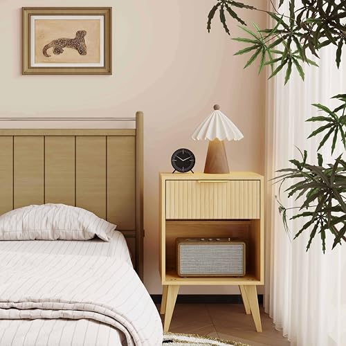 YAUKOMEL Fluted Night Stand with Opening Storage,Mid Century Bedside Table with Drawer,Wood Nightstand with Solid Wood Legs,End Table Side Table for Living Room,Bedroom,Natural CTG56Y - color: Natural