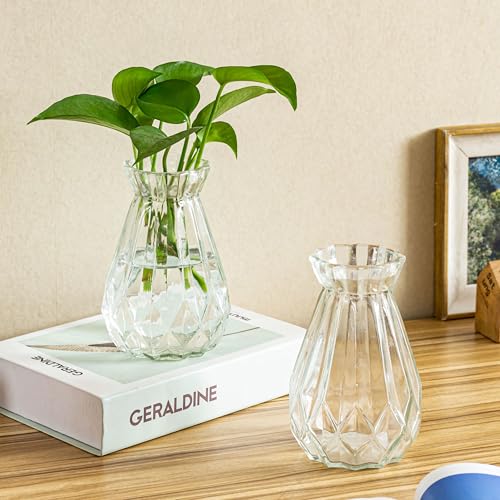 MyGift Mini Set of 6 Diamond-Faceted Clear Glass Bud Vases – Small Decorative Flower Vases for Table Centerpieces, Weddings, and Home Décor