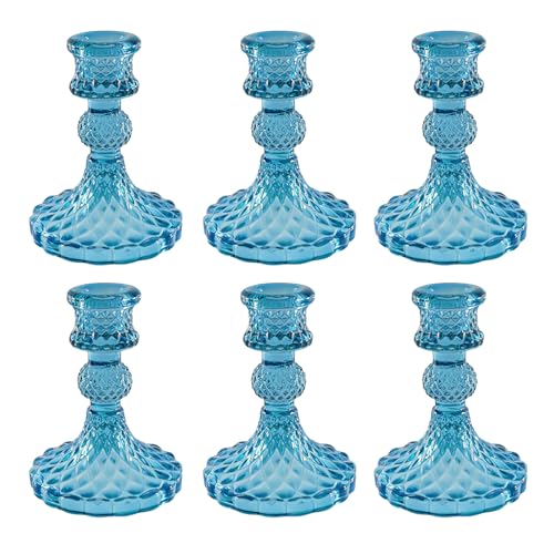Glass Candlestick Holder,Striped Taper Candle Holders,Set of 6 Candle Stand for Table Centerpieces, Home Decor,Weddings,Festival and Parties (Bule Dimond) - color: Bule Dimond