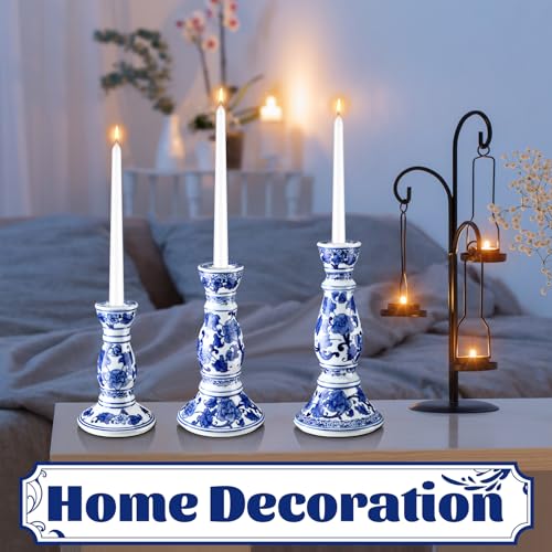 Soaoo Set of 3 Blue and White Porcelain Ceramic Pillar Candle Holder Chinoiserie Pillar Candle Holders Candlestick Decoration for Wedding Party Fireplace Table Home Centerpiece