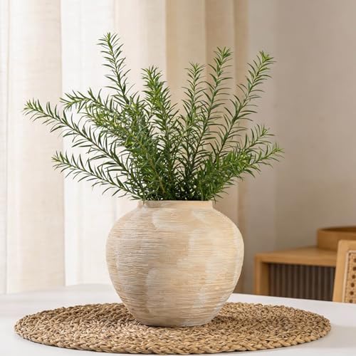 Large Rustic Farmhouse Vase - 8.8 in Ceramic Boho Decorative Vase for Home Decor, Round Clay Whitewashed Terracotta Bowl vase for Living Room, Table, Shelf, Centerpieces - style: 02 - Large Rustic Ribbed Whitewash