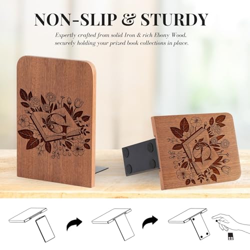 Wood Bookends, Book Ends for Shelves with Decorative Alphabet A and Z Design - Heavy Duty Iron & Ebony Wood Book Ends for Shelves Bookcase Desk - 1 Pair - G - color: G