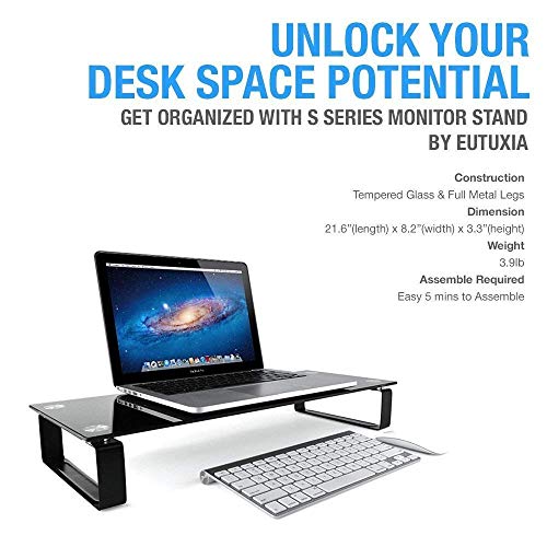 Type-S Black Tempered Glass Monitor Stand, TV, Laptop, Computer, All-In-One Desktop, Printer Riser [21.75 x 8.25 x 3.25 Inches]