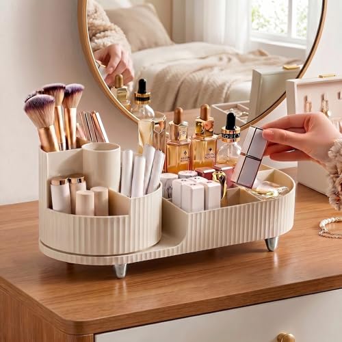 Booklov Rotating Makeup Caddy Organizer for Vanity, Large Capacity Cosmetic Display Case, Countertop Beauty Storage Holder for Skincare, Brush Eyeshadow Lipstick, Counter Desk Organization, Cream - color: Cream, size: L01