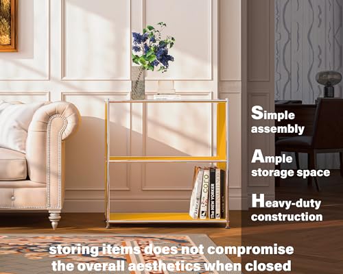 32-Inch 2-Tier Metal Bookcase, Open Shelf Storage Organizer for Living Room, Bedroom, Side Table or Nightstand Use, Modern DIY Assembly (Matt Yellow) - color: Matt Yellow