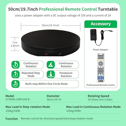 Ultra-Thin&Heavy Duty Remote-Controlled Motorized Turntable,Motorized Rotating Display Stand,Speed-Adjustable Rotating Platform,Human 3D Scan Electric Turntable for Scan,Showcase(19.7in/Black) - size: 19.7inch/Black/600Lbs Load