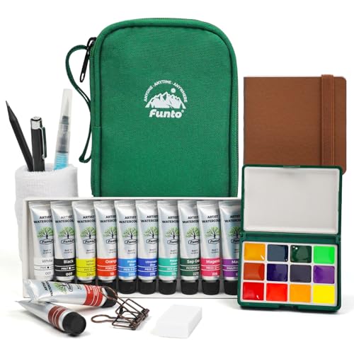 Funto Mini Watercolor Travel Set, 12-Color Refillable Travel Art Kit, All-in-One Mini Paint Supplies with Bag, Art Craft for All, Portable Water Color Paint for Beginners, lovers and Artists - color: Green