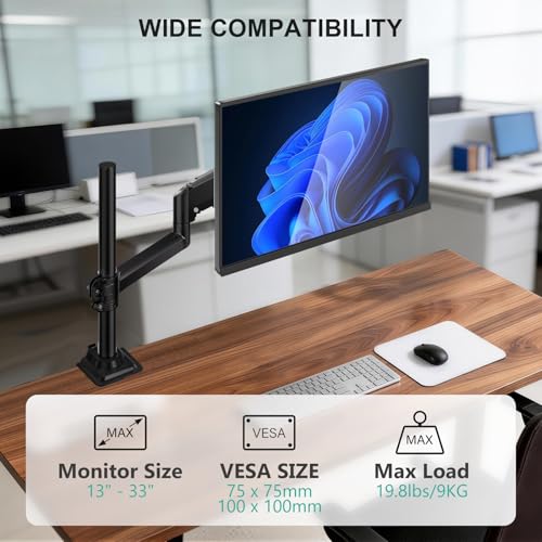 WALI Single Monitor Arm 13-33 Inch, Single Monitor Mount, Vesa Desk Mount up to 19.8lbs Single Monitor Stand with Clamp, VESA 75x75mm or 100x100mm Compatibility(GSDM001), Black - size: 13"-33", style: Single Arm