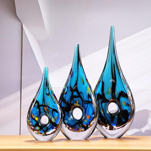 Luxury Lane Hand Blown Abstract Hollow Blue Tear Drop Sommerso Art Glass Sculpture for Home Decor 14 inch Tall Centerpiece Table Decoration - size: 14" tall