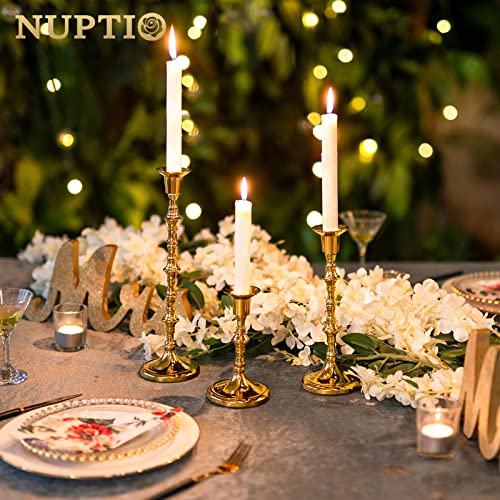 Nuptio Brass Candlestick Holders for Centerpiece: Set of 3 Gold Taper Candle Stick Holders for Home Dining Table Fireplace Decor - color: Gold, size: 1 set/ 3 pcs