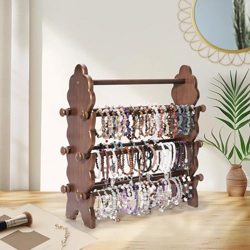 Two-Sided Wooden Jewelry Bracelet Holder Display Stand with 6 Removable Holders - 3 Tier Bar Bangle Organizer Perfect for Organizing and Showcasing Bracelets, Watches, and Accessories - style: 6 Tier-Brown