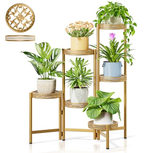 7 Tiered Metal Corner Plant Stand Indoor Outdoor, Tall Large Folding Rack with Rust Proof 10 Inch Wide Tray, Heavy Duty Flower Shelf for Multiple Plants for Patio - GoldWave - color: GoldWave, size: 7-Tiers