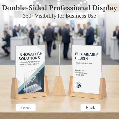 EHWINE 8 Pack 4x6 Acrylic Sign Holder with Wood Base, 2-in-1 Vertical & Slant Back Display, U-Shaped Clear Menu Holder Stand with Non-Slip Base Pads for Table, Desk, Countertop, Restaurant